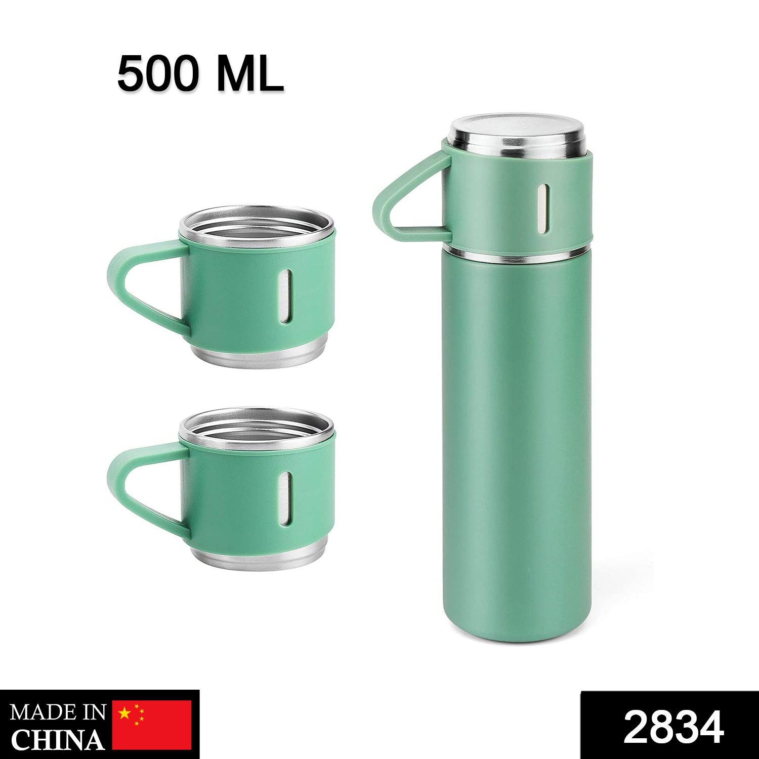 2834 Stainless Steel Vacuum Flask Set with 3 Steel Cups Combo for Coffee Hot Drink and Cold Water Flask Ideal Gifting Travel Friendly Latest Flask Bottle. (500ml) DeoDap