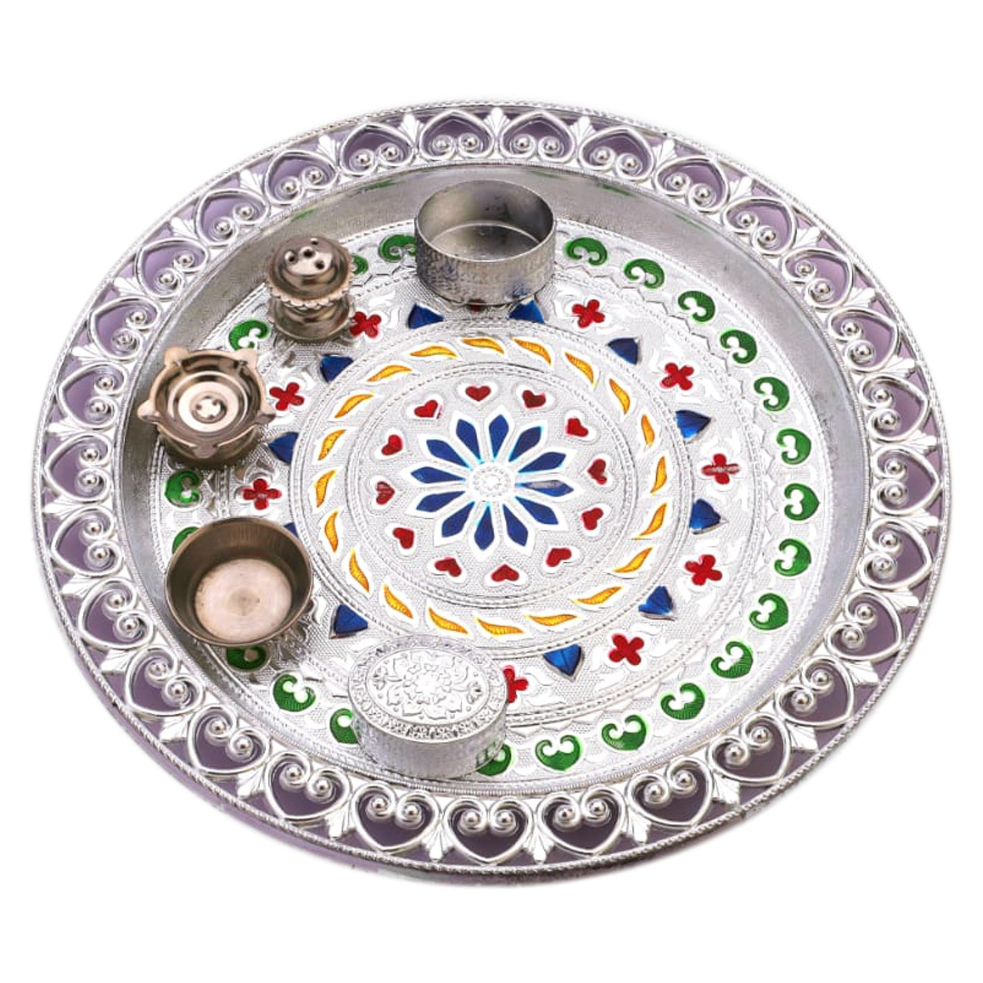 2236 Silver Plated Laxmi & Ganesh Pooja Thali Set (Set of 6 Pieces) DeoDap