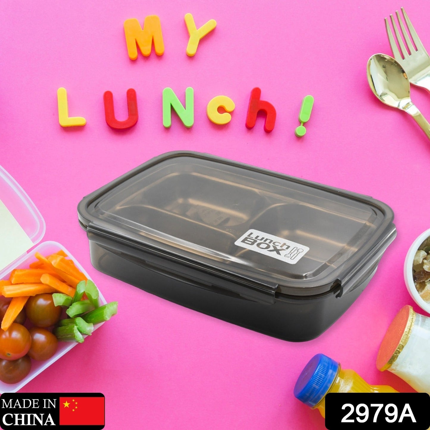 2979A Boîte à lunch noire transparente à 4 compartiments pour enfants et adultes, boîte à lunch en acier inoxydable avec 4 compartiments pour le bureau, les voyages, l'école et la maison