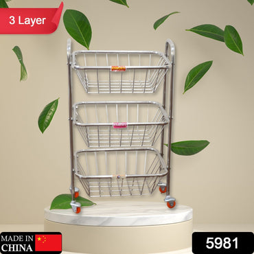 5981 Chariot de cuisine polyvalent à 3 couches en acier inoxydable pour fruits et légumes à 4 supports | Panier à fruits | Panier à légumes | Support à pommes de terre et oignons pour la cuisine | Support à légumes pour la cuisine