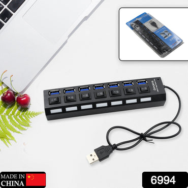 Répartiteur USB 6994 Hub USB 2.0 multiport, 7 ports avec interrupteur marche/arrêt indépendant et indicateurs LED Hub de données USB A, adapté pour PC, clavier d'ordinateur, ordinateur portable, disque dur mobile, clé USB, appareil photo, etc.