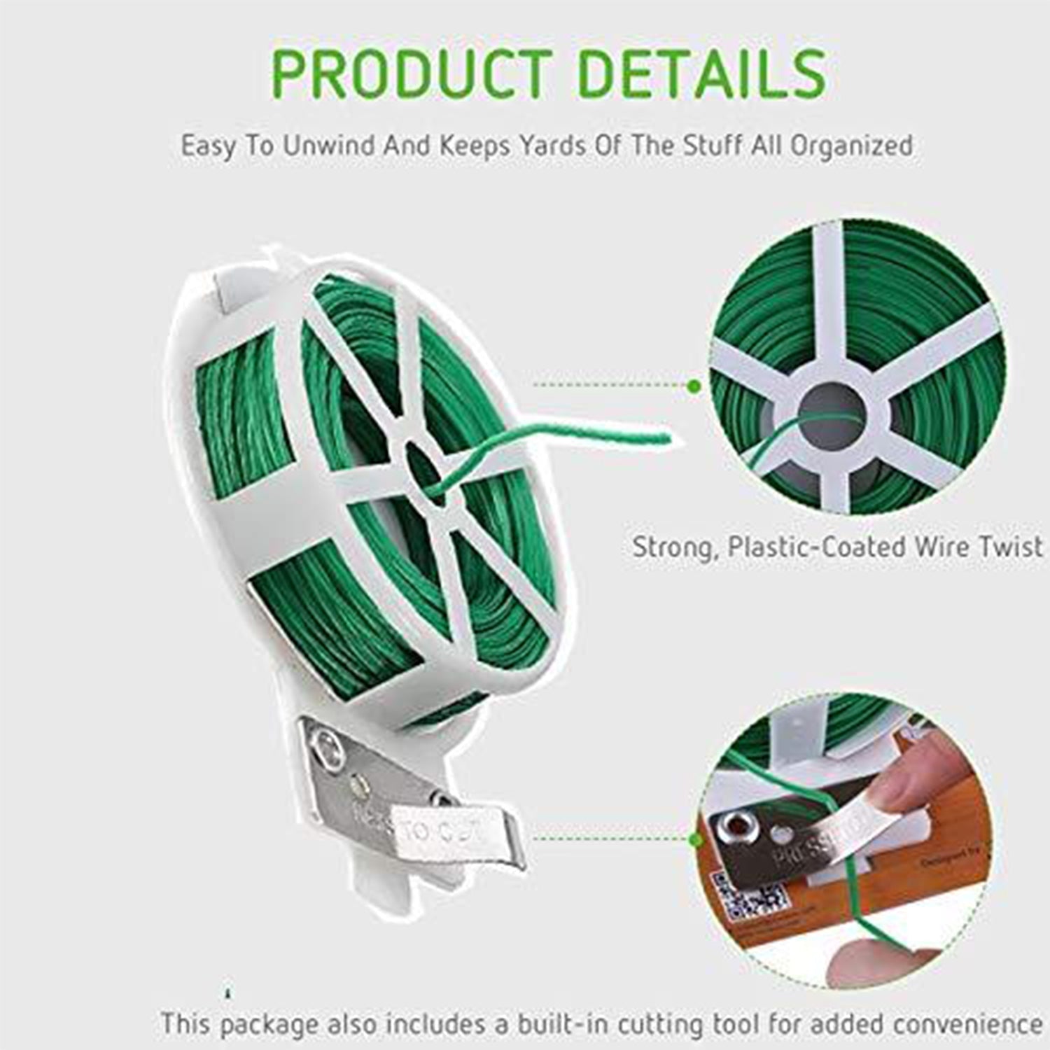 873 Plastic Twist Tie Wire Spool With Cutter For Garden Yard Plant 50m (Green) DeoDap