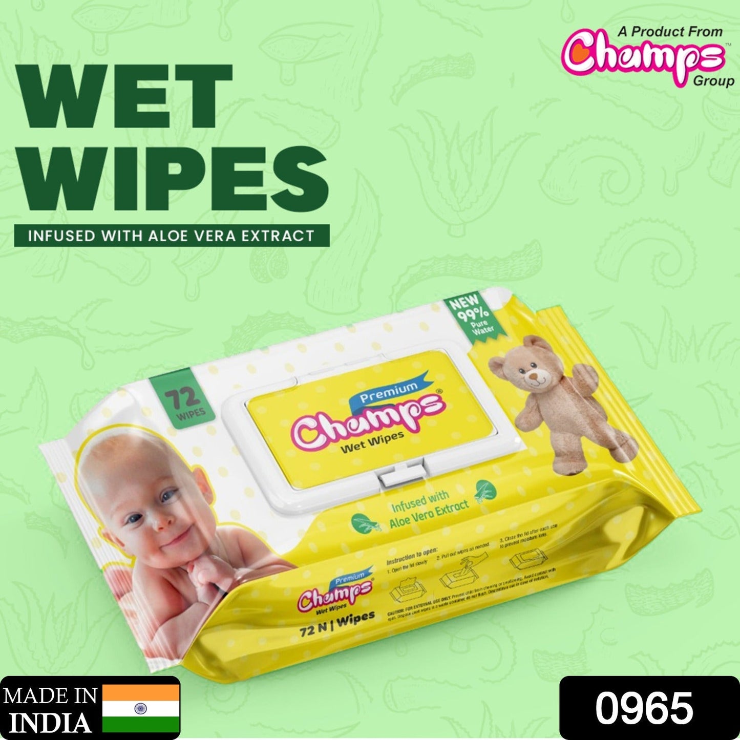 0965 Lingettes humides Champs Premium infusées à l'extrait d'aloe vera (72 N Wipes)