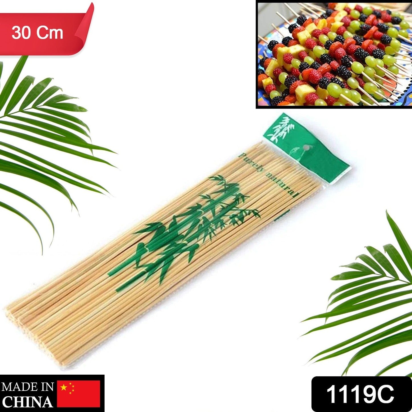 1119C Camping en bois couleur bambou BBQ brochettes Barbecue Shish Kabob bâtons fruits Kebab viande fête fontaine bambou BBQ bâtons brochettes en bois (30 cm)