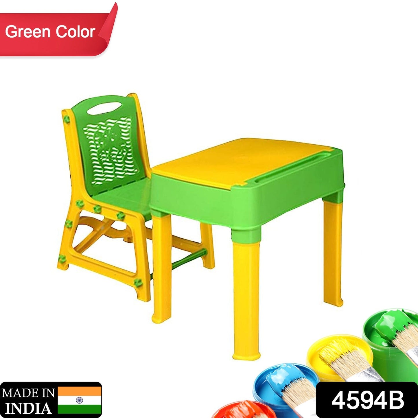 4594B Table d'étude avec ensemble de chaises à utiliser pour l'étude | Ordinateur portable| |Bureau| Salle de classe | Salle d'étude | École | table et chaise pour enfants, table d'étude en plastique (jaune et vert)